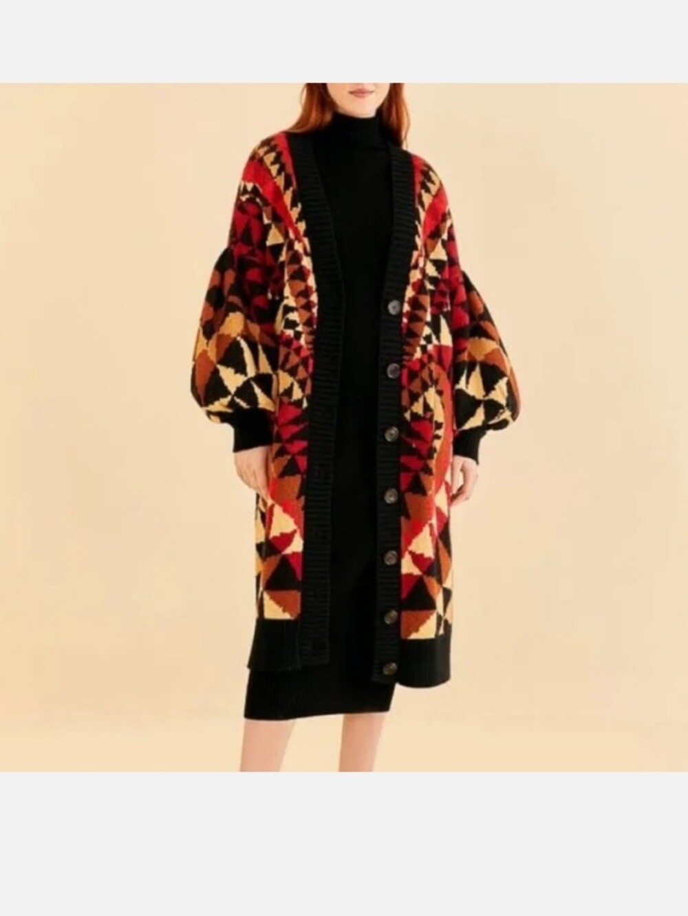 FARM Rio Mixed HEART ART DECO Knit  Cardigan Long Sleeves Women's Size S Black